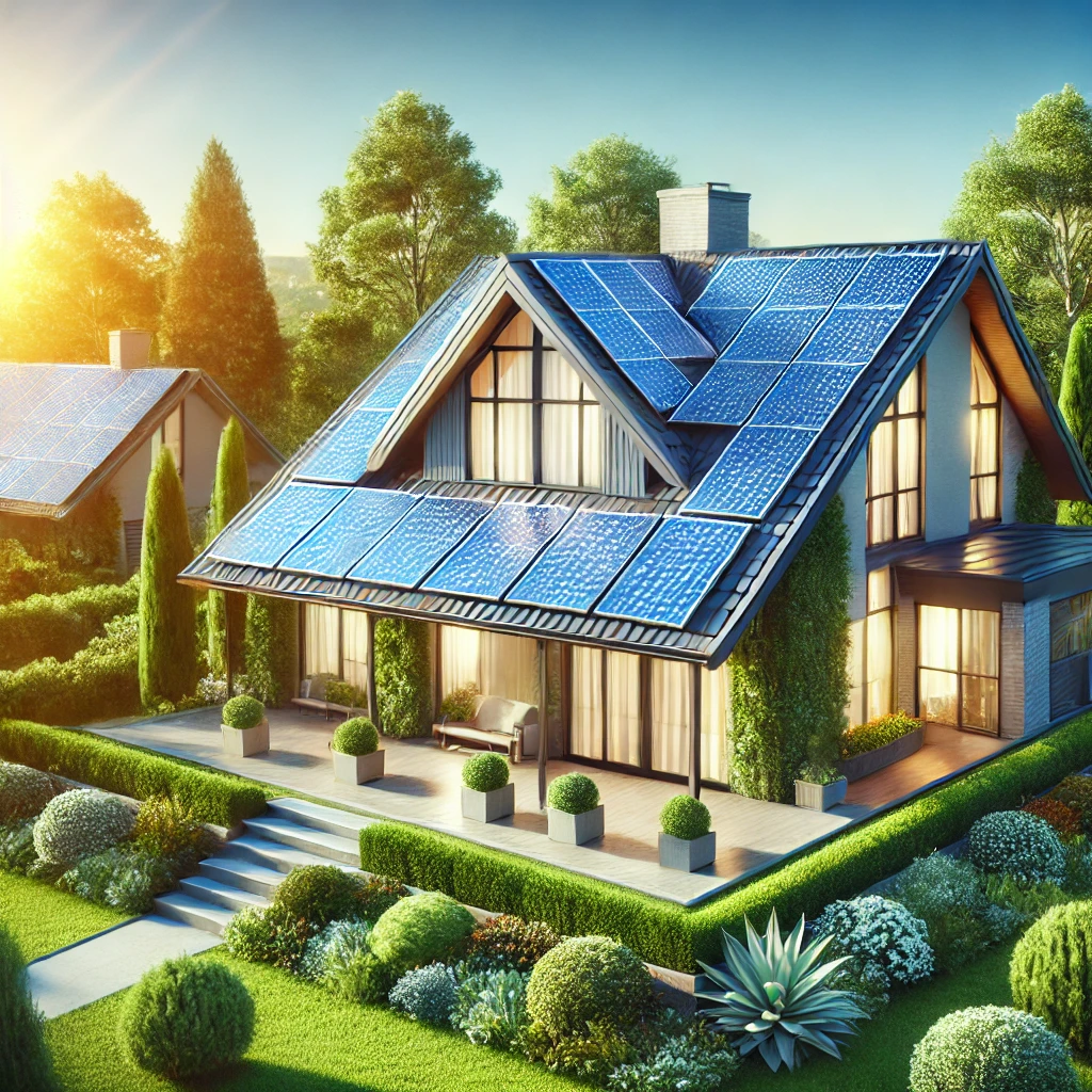 Yenilenebilir enerji çözümleri ile donatılmış bir evin çatısındaki güneş panelleri.